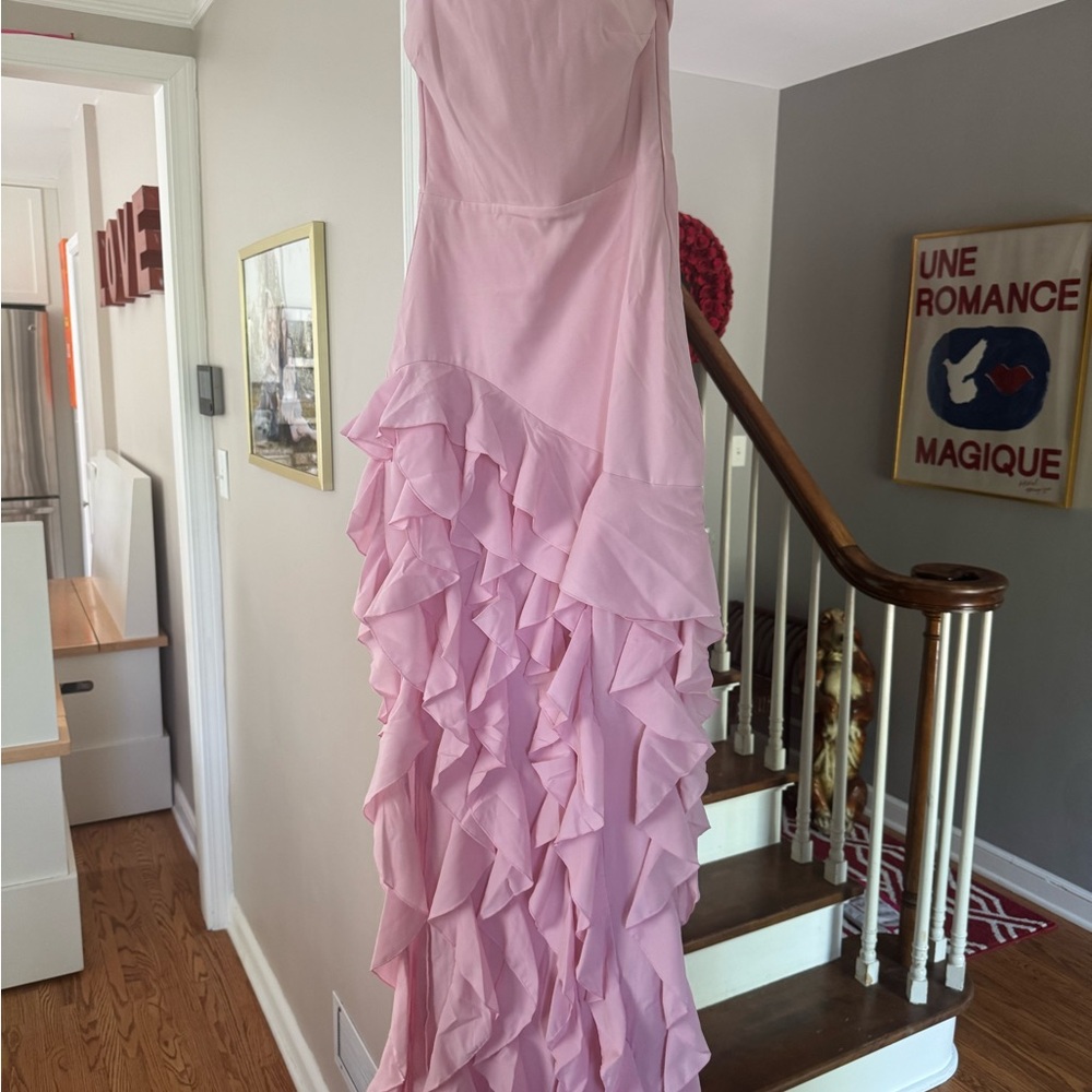 Oh Polly - ruffle trim strapless gown in light pink